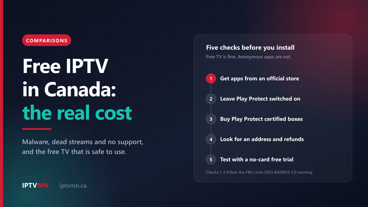 Free IPTV in Canada cover with five checks before installing: official-store apps, Play Protect left on, certified boxes, an address and refunds, a no-card trial