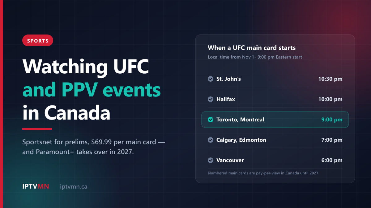 Panel of UFC numbered-event main card start times across Canada from November 1: 10:30 pm in St. John’s, 9:00 pm in Toronto, 7:00 pm in Calgary, 6:00 pm in Vancouver